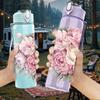 1PC Light Pink Peony Flower Print 750ml Color Plastic Sports Water Bottle Leakproof Flip Straw Lid Suitable for Sports Office Home Use