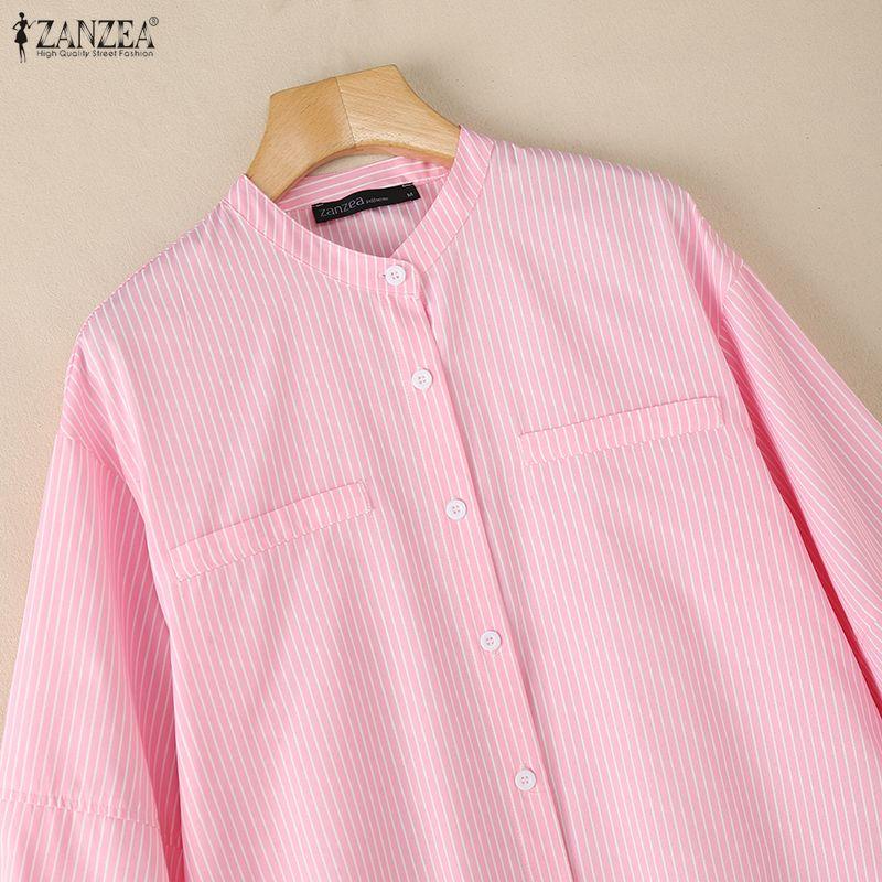 ZANZEA Women Casual Round Neck Long Sleeve Stripe Blouse