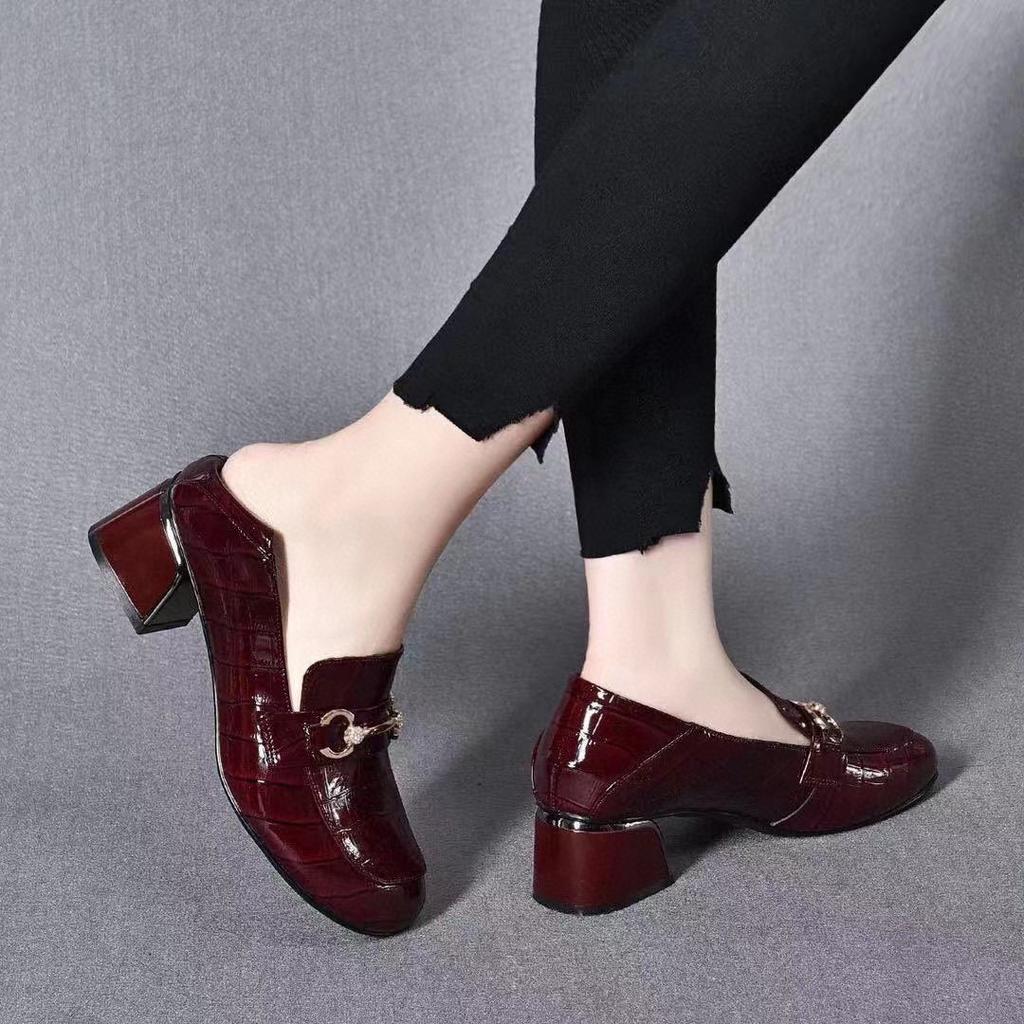 Deep Mouth Single Shoes Women's Autumn New Thick Heel Embossed Cow Patent Leather One Pedal Small Leather Shoes One Shoe Two Wear Women's Shoes
