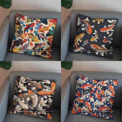 2D Colorful Koi Fish Pattern Throw Pillow Cover Pattern Cushion Cover Suitable For Sofa Bedroom Car Pillow Cover