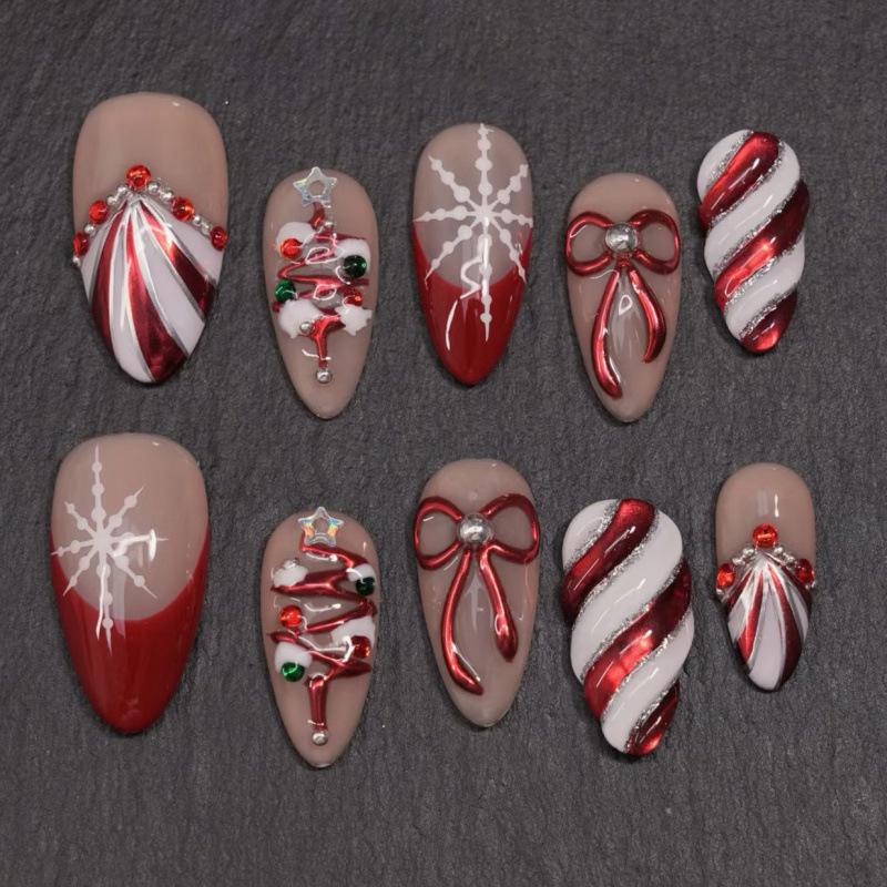 30-Piece Gold Foil Almond Nails with Plaid Bow and Christmas Tree Design