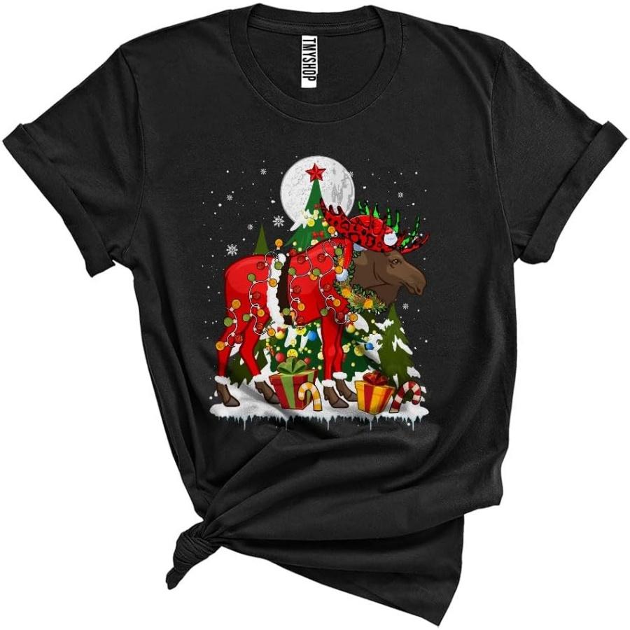 Leopard Moose Wearing Xmas Lights Santa Hat Cute Merry Christmas Snow Santa Moose Unisex T-Shirt S