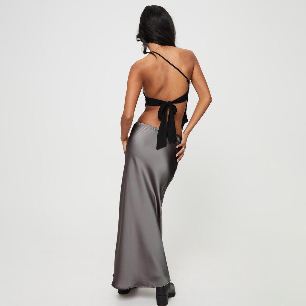 A Line Long Satin Skirts for Women Black Elegant High Waist Maxi Beige Skirts Silk Lace Up Long Skirt Women