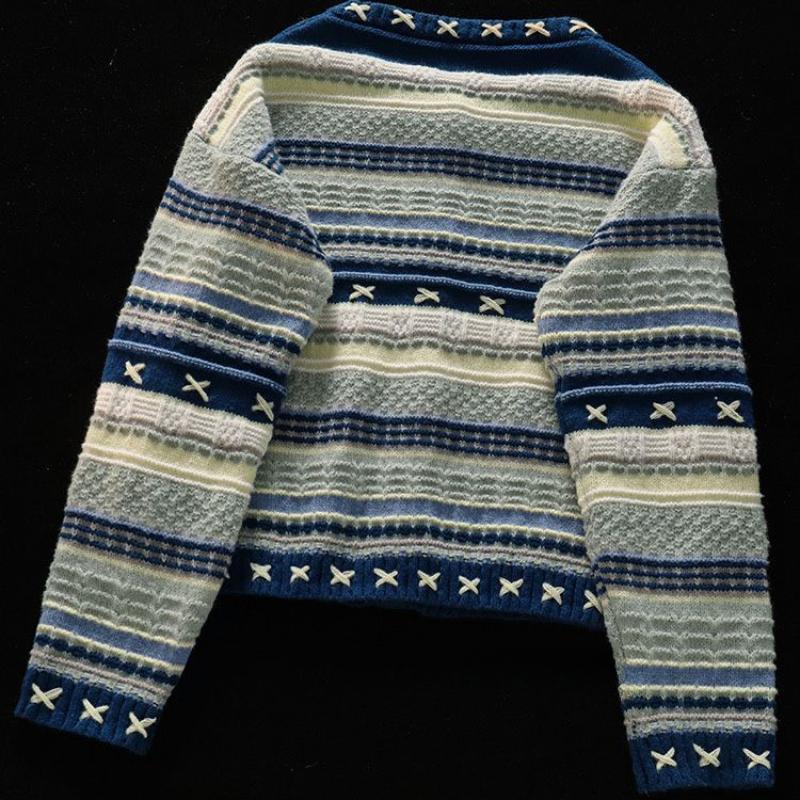 Women Striped Contrasting Knitted Cardigans Korean Style Retro Gentle Ladies Sweaters Autumn Casual Lazy Woman Cardigan Tops