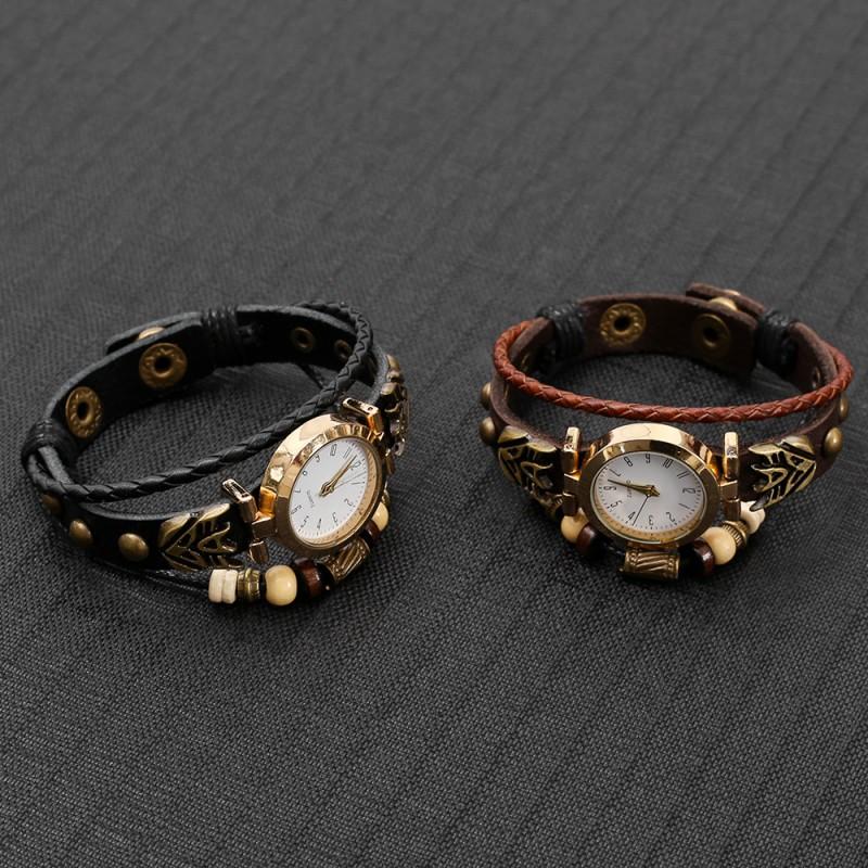 Minimalist Vintage Leather Quartz Watch Women Round Dial 28mm Punk Style Wristwatch With Braided Strap
