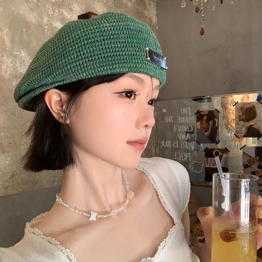 Vintage Weave Hat Japanese Style Crochet Knitted Cap Brimless Cap Hollowed Out Beret Hat Holiday