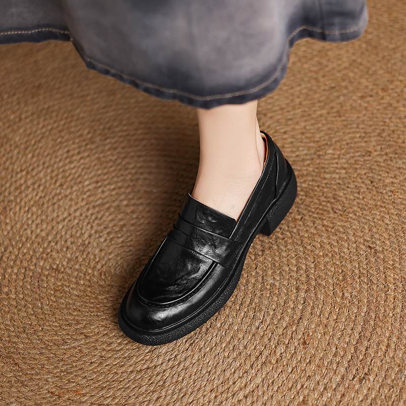 Krazing Pot Sheepskin Autumn Winter Shoes Slip on Chunky Heels Oxford Shoes Size 43 Round Toe Deep Mouth Waterproof Pumps