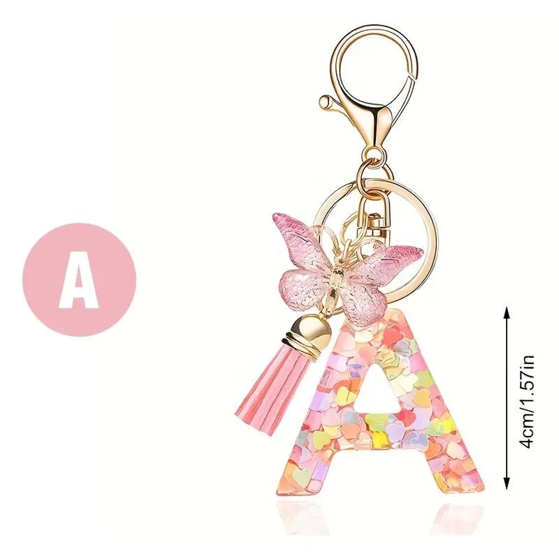 A-Z Dreamy Letters Keychain for Women Tassels Butterfly Pendant Initial Keyrings Purse Suspension Bags Car Key Chain Pink