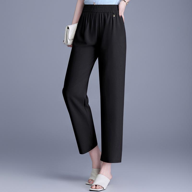 Elastic Waist Wide-Leg Pants for Middle-Aged Women, 9-Point Length, Spring & Autumn