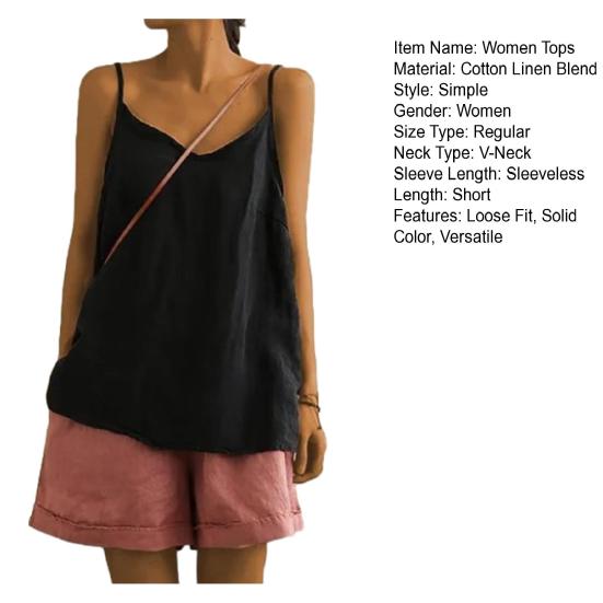 Women Tops V-Neck Sleeveless Sling Tops Pure Color Loose Fit Spaghetti Strap Casual Vest Summer Outdoor Wear