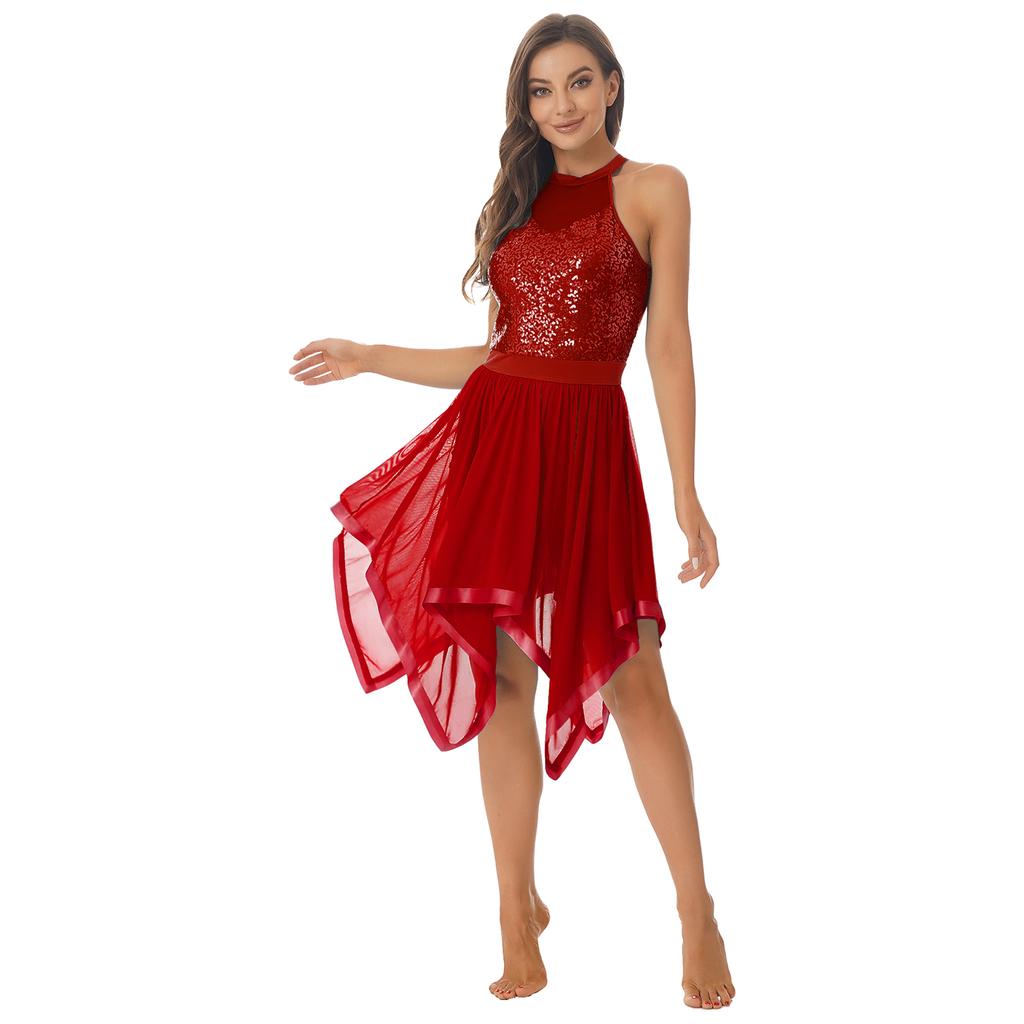 Bayan Parlak Payetler Patchwork Elbise Halter Backless Asimetrik Hem Örgü Elbiseler Dans Performansı Kostüm