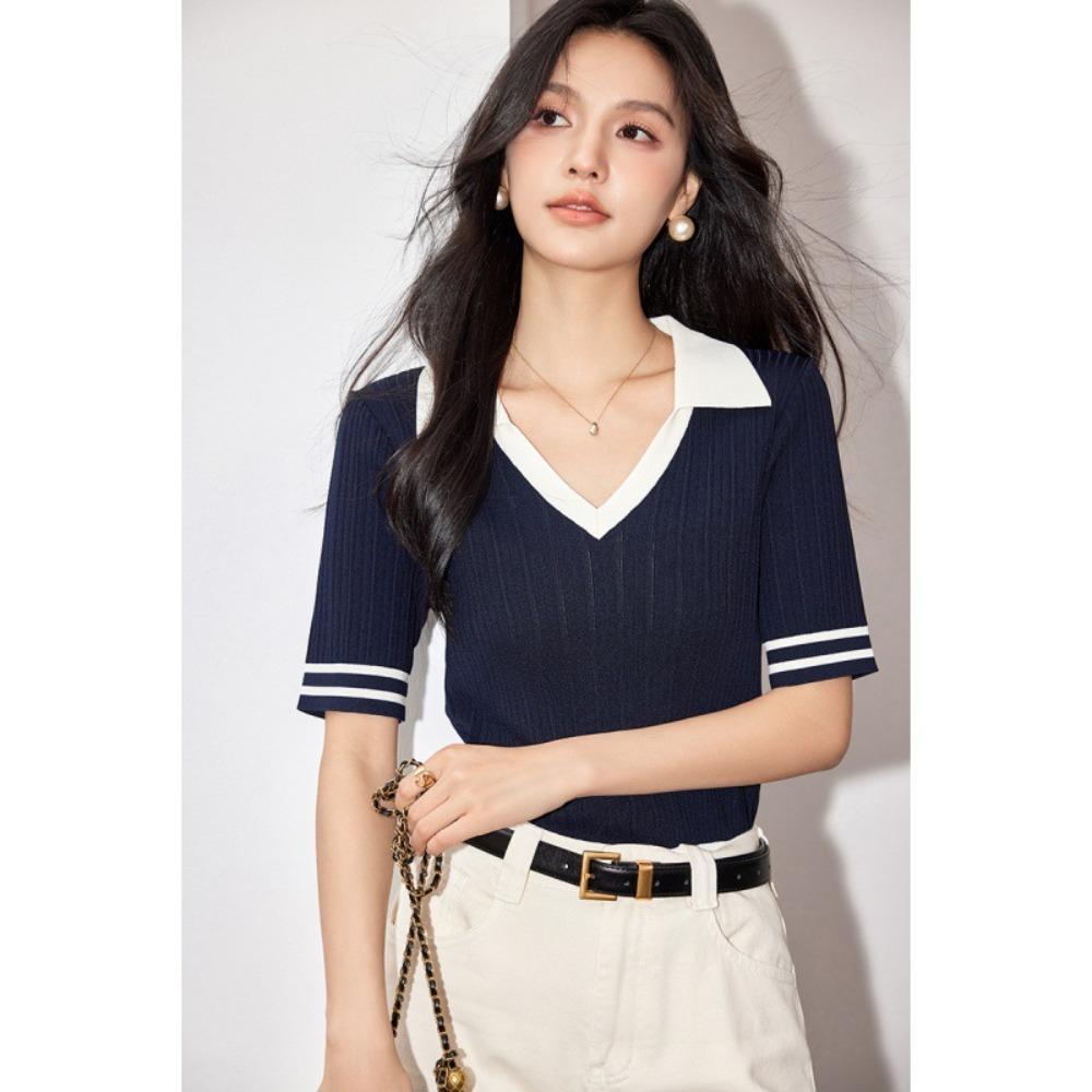 Ženy Pletené zboží 2024 Léto Novinka POLO Výstřih do V Límec Kontrastní Barva Krátký rukáv Pletený svetr Tenký Krátký Top