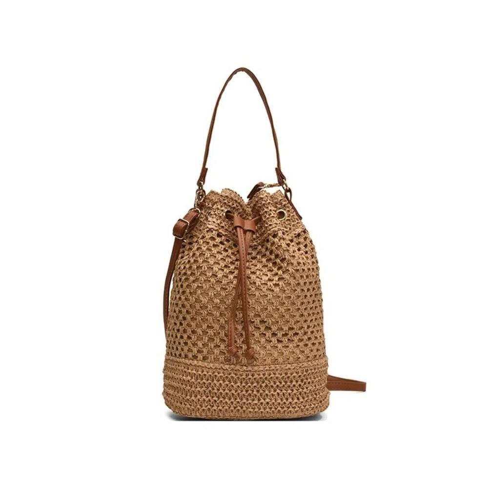 

Fashion Large Capacity Weaving Bag Drawstring Closure Leather Strap Straw Beach Bag Hollow Out Crossbody Bag Women