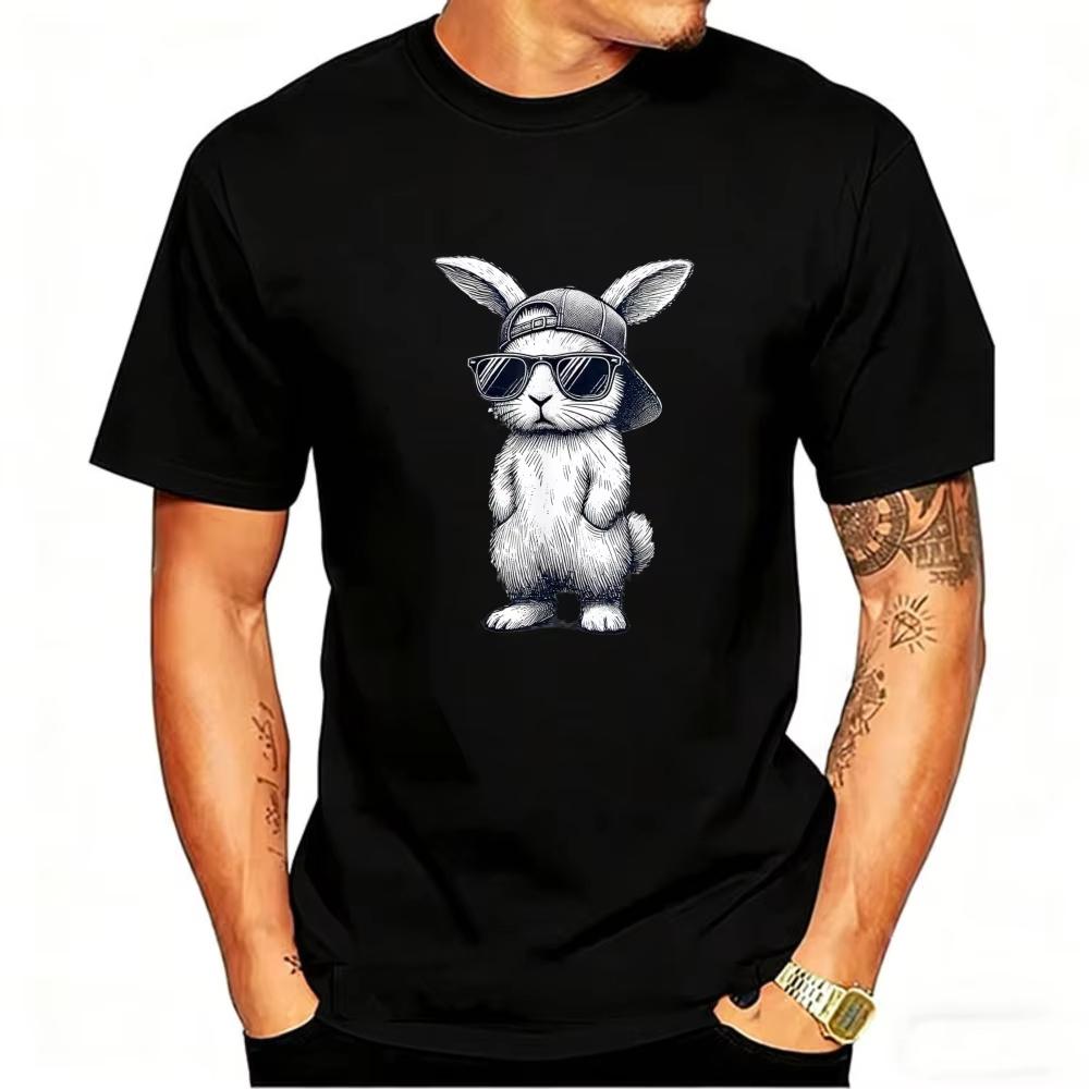 Easter Mens Cool Bunny with Baseball Cap  Sunglasses Cotton TShirt Hip Hop Style Rabbit Graphic Short Sleeve Crewneck Tee