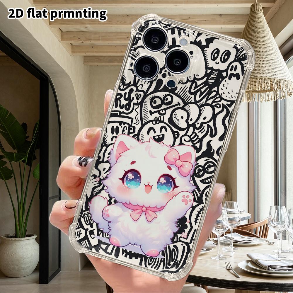 Phone Case: 2D Flat Suitable for iPhone 18 17 16 15 14 13 Pro, Transparent Corners Protective Case, Bow Knot Kitten, Christmas and Halloween Gifts