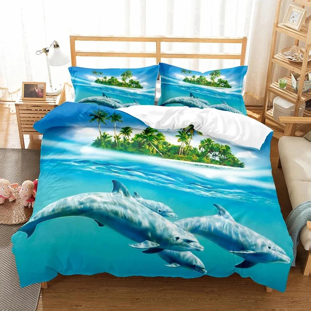 Fashion Blue Dolphin Duvet Cover Set Cute Aniaml Bed Linen Pillowcase Luxury Home Texitle Queen Full Size 3D Bedding Sets Sea