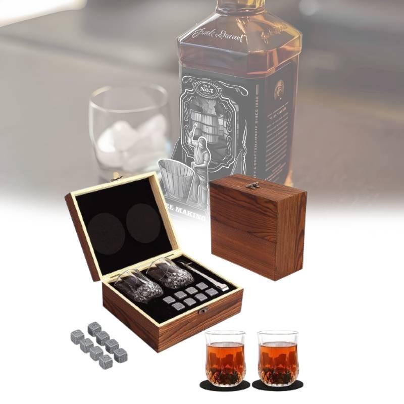 Luxurious Brown Granite Whisky Glasses Set With Whiskey Stones And Wooden Box