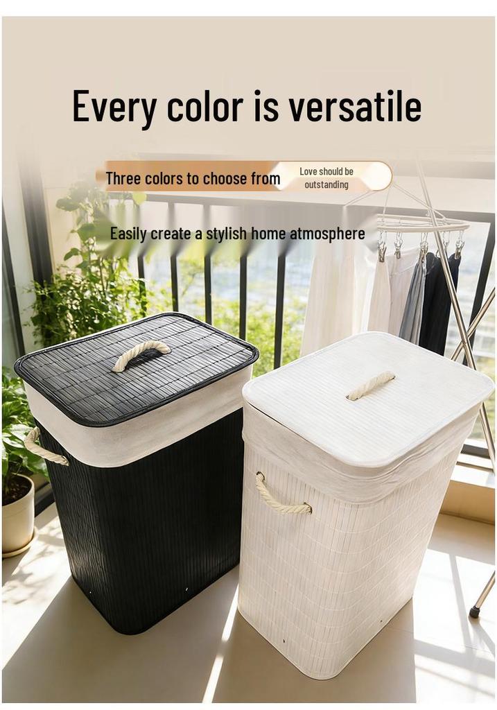 Large Bamboo Fabric Laundry Hamper with Lid - Foldable Bedroom Storage Basket