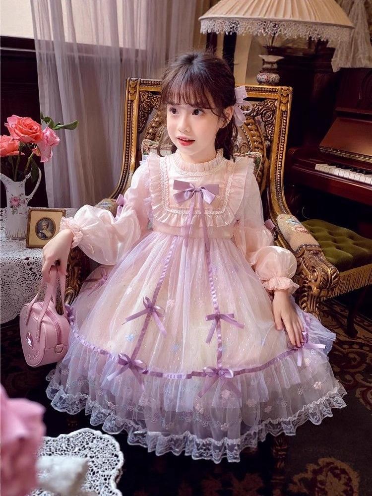 Girls' Pink Lolita Lace Bowknot Princess Dress with Puff Sleeves