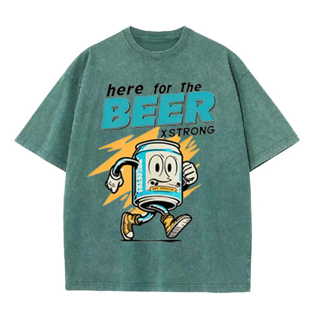 2026 Here For The Beer Retro Cartoon Can Print Unisex T Shirt Vintage Washed Short Sleeve Casual Streetwear Party Tee