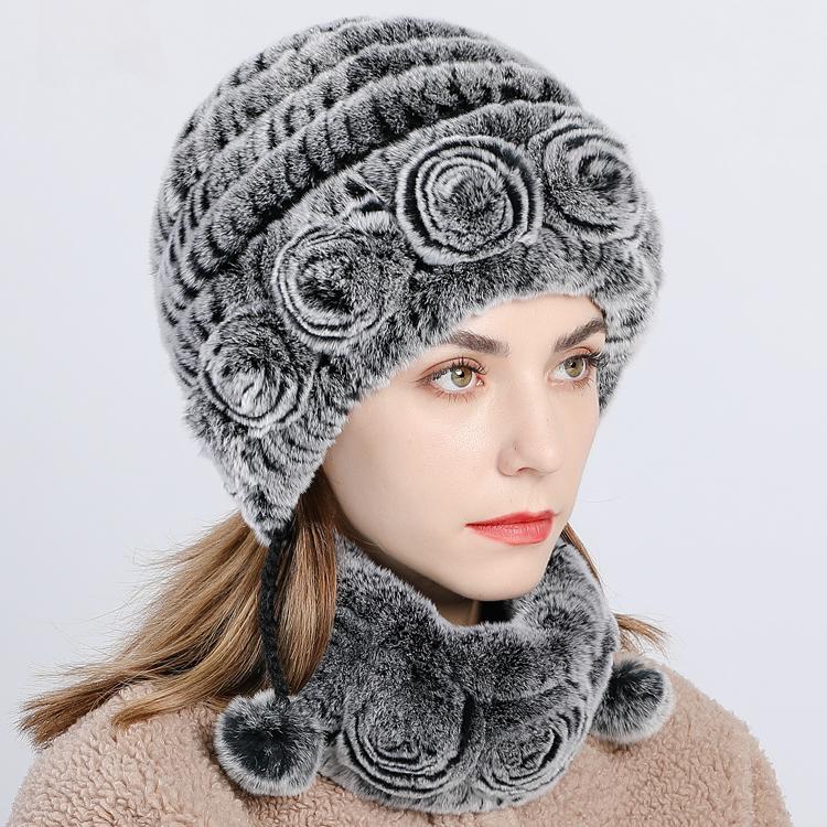 Hat Woman Winter New Rex Rabbit HairThickened and Warm Winter Versatile and Cute Fur Hat Scarf