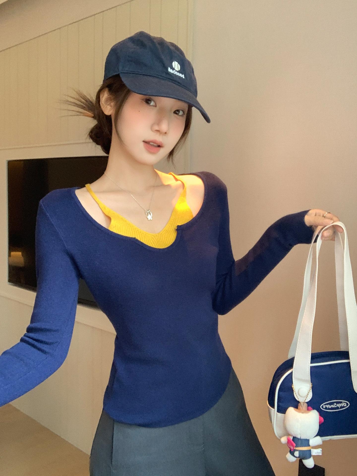 

Korean contrasting color splicing fake two-piece long-sleeved knitted sweater women s autumn design sense slim-fitting inner backing top One size fits all темно-синий