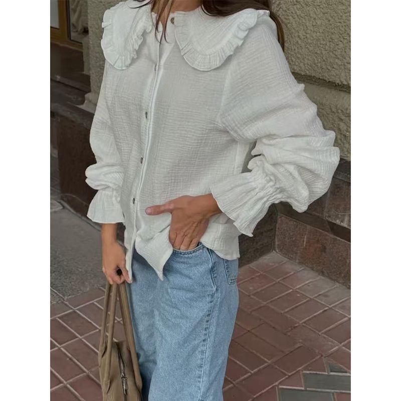 Fashion Style New Arrival Ruffles Lantern Sleeve Shirt Doll Collar Shirt Doll Collar Cotton Shirt