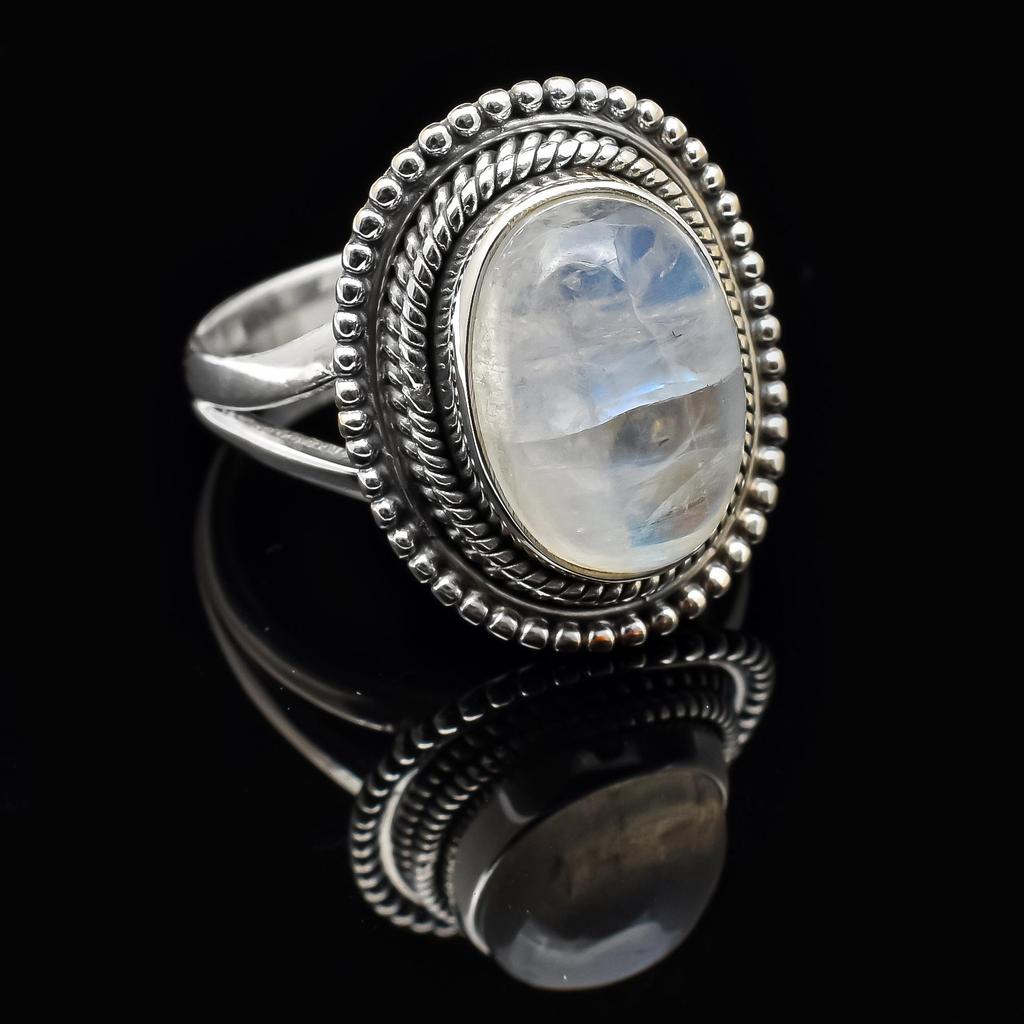 Anello con gambo diviso con perline in argento sterling massiccio 925 con pietra di luna arcobaleno naturale per donne e ragazze