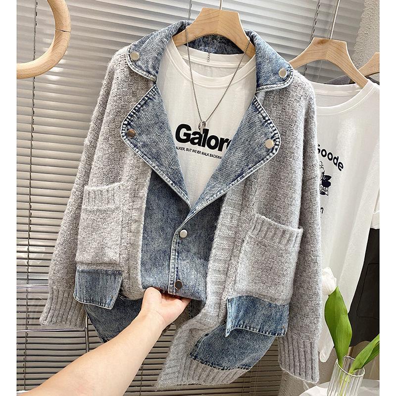Fashion Casual Denim Spliced Long Sleeve Knitted Cardigan Loose Thick Women Sweater Coats Winter Autumn