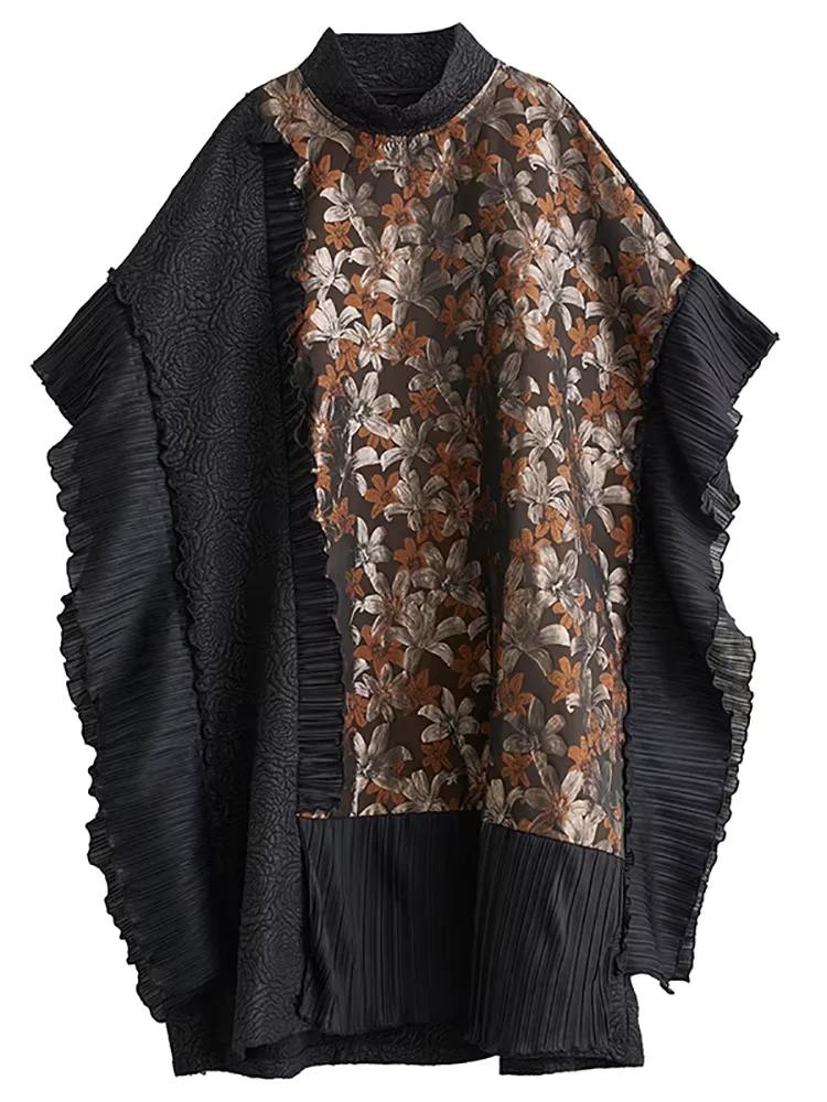 Xitao Print Contrast Color Patchwork Batwing Sleeve Dresses LJ1091