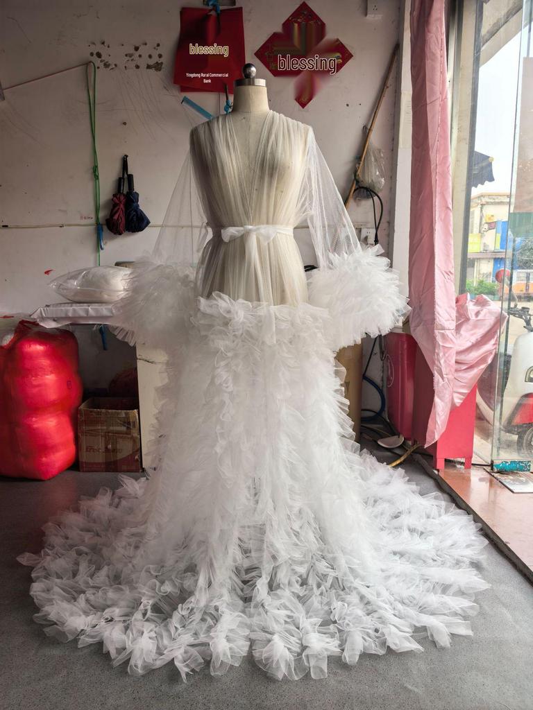 Mesh Ochtendjas Jurk met Lange Sleep voor Zwangerschapsfotografie, Modeshows en Optredens