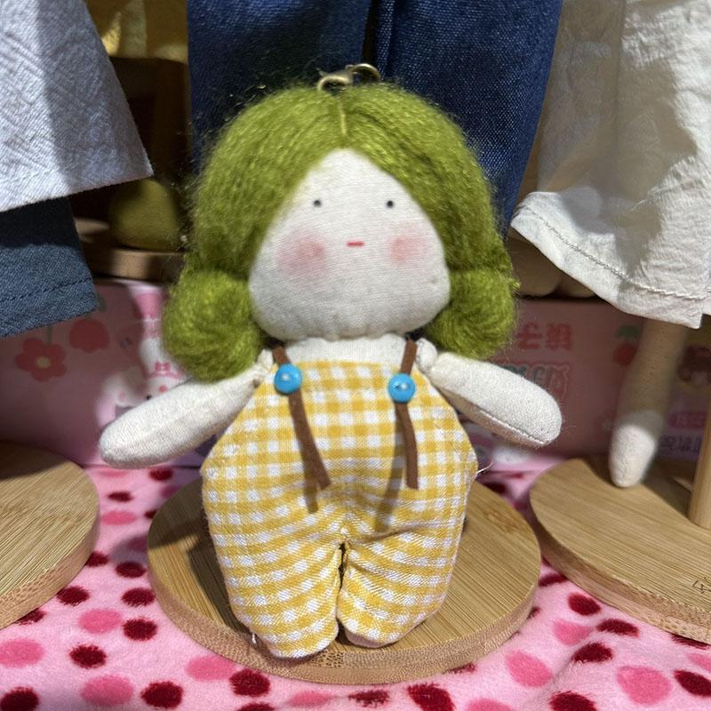 Handmade Linen Cloth Doll Keychain Cute Plaid Overalls Pendant Multiple Hair Styles Squishy Stuffed  Vintage Gift For Collectors