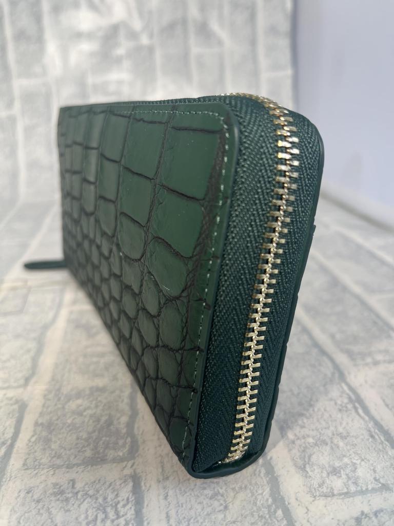 GUODI Long Wallet with Round Genuine Crocodile for Men and Zipper, Leather, Color-Dyed, Unisex, Women, LH-7645 (Cyprus Green)