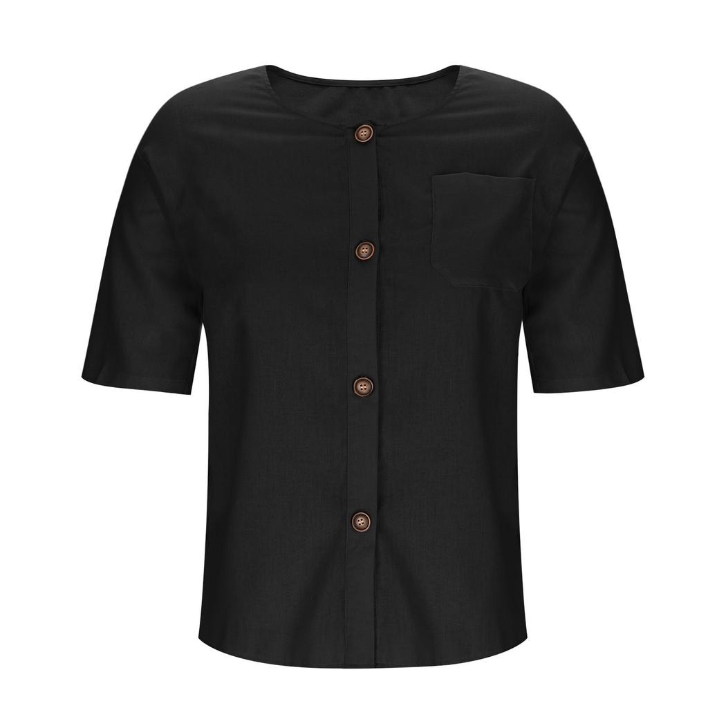 Summer Loose T-shirt Women's V-neck Cotton and Linen Button Top