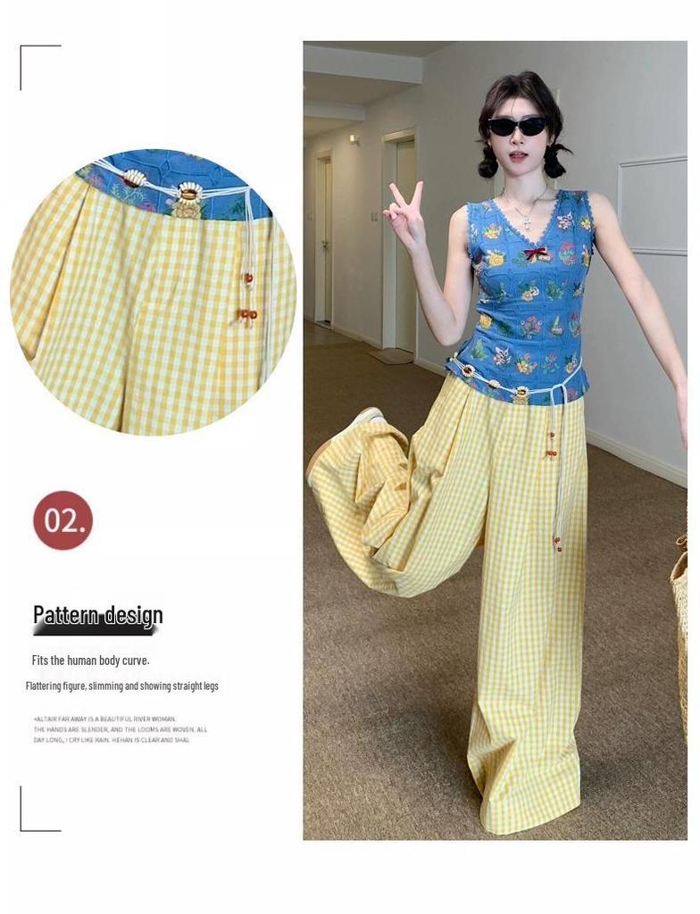 145 Women's Summer Petite High-Waisted Plaid Pants - Height-Enhancing, Wide-Leg, Lazy Style, Slimming Ice Silk Draping Pants