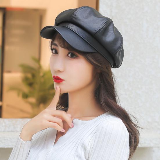 Beret Cap Faux Leather Adjustable Octagon Faux Leather Hats for Party