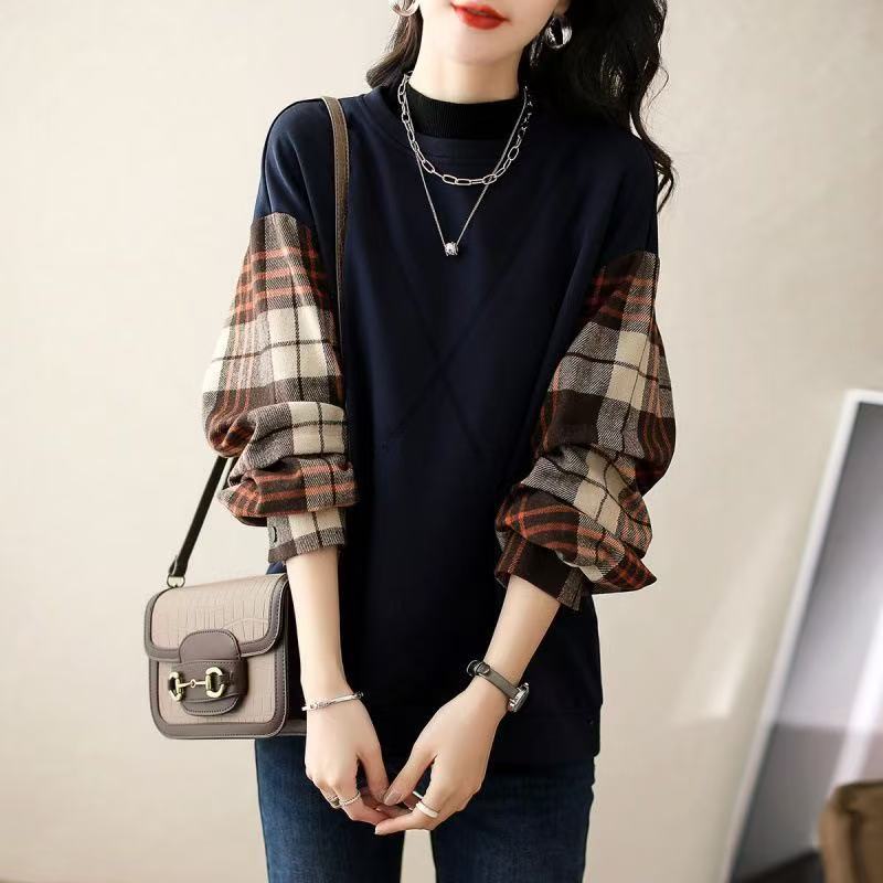 

Autumn Winter Vintage Plaid Patchwork Fake Two Pieces Sweatshirt Women Loose Casual All-match Pullover Top S