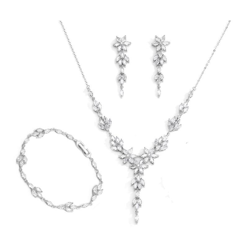 

RAKOL Элегантный набор ювелирных изделий с цирконами ААА: Сверкающие серьги, ожерелье и браслет для свадебного торжества в корейском стиле. Platinum Plated