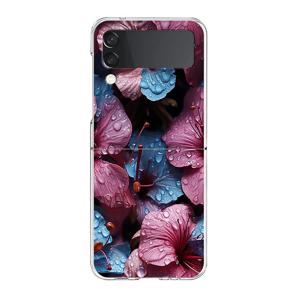 Phone Case For Samsung Galaxy Z Flip 3 4 5 Hard Folding Clear PC Bumper Beauty Flowers Leaves For Samsung Z Flip 6 Back Cover