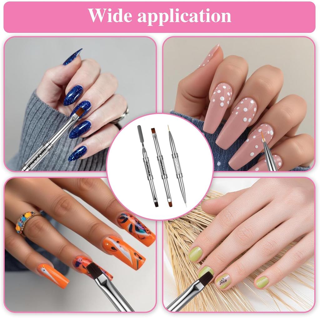 3 Stück Doppelseitige Aufbaugelpinsel, Hartgel-Nagelpinsel mit Strassgriff, French Tip Liner Kunstpinsel, Pinsel für French Manicure für Profis