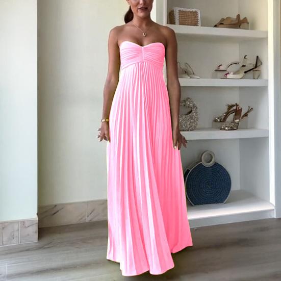 Women's Strapless Tube Top Maxi Dress Off Shoulder Pleated Long Dress with Neck