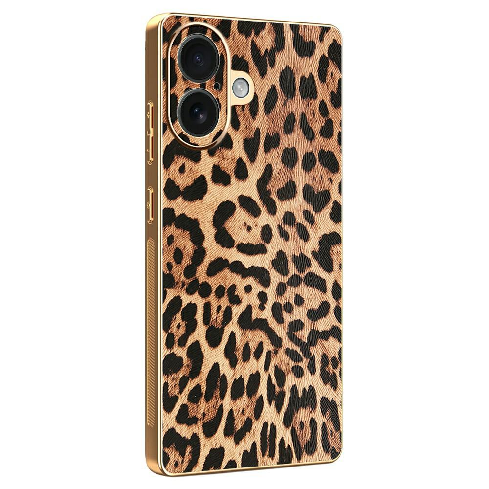 

For iPhone 16 Case Leopard Print PU Leather Coated PC+TPU Electroplating Phone Cover A