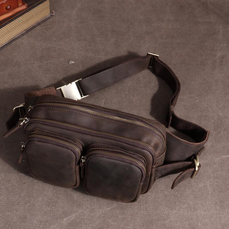 Marsupio Casual in Pelle, Portafoglio da Cassa da Uomo, Marsupio in Pelle di Vacchetta di Primo Strato, Borsa da Petto da Uomo, Borsa per Telefono in Pelle Crazy Horse