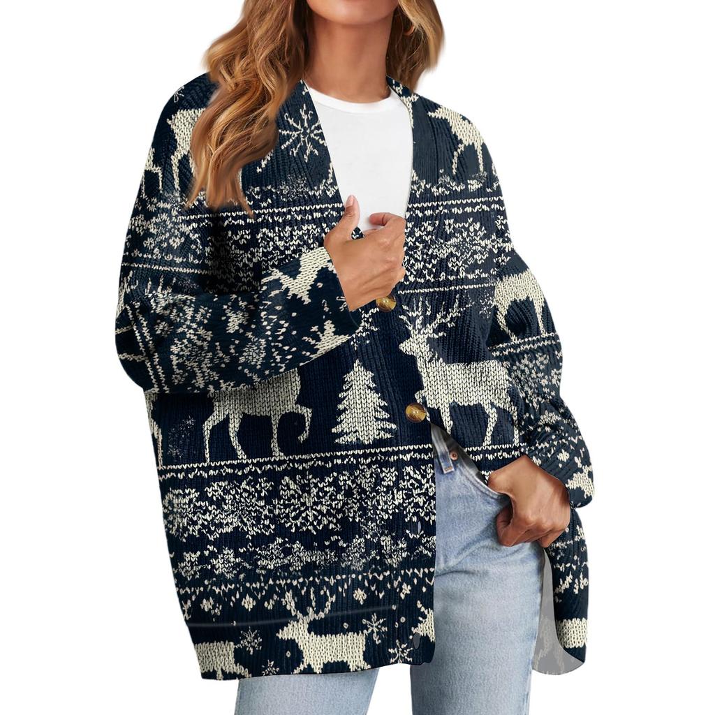 Women's Fashion Long Sleeve Christmas Print V-Neck Button Loose Cardigan Top