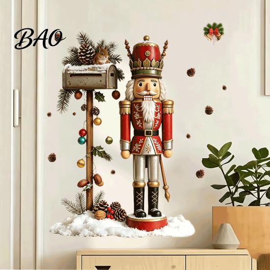 Christmas Atmosphere Wall Decals for Fridge Nutcracker Soldier Decal, Vintage Mailbox Snow Scene Self-Adhesive Party Background Decor Sticker,
