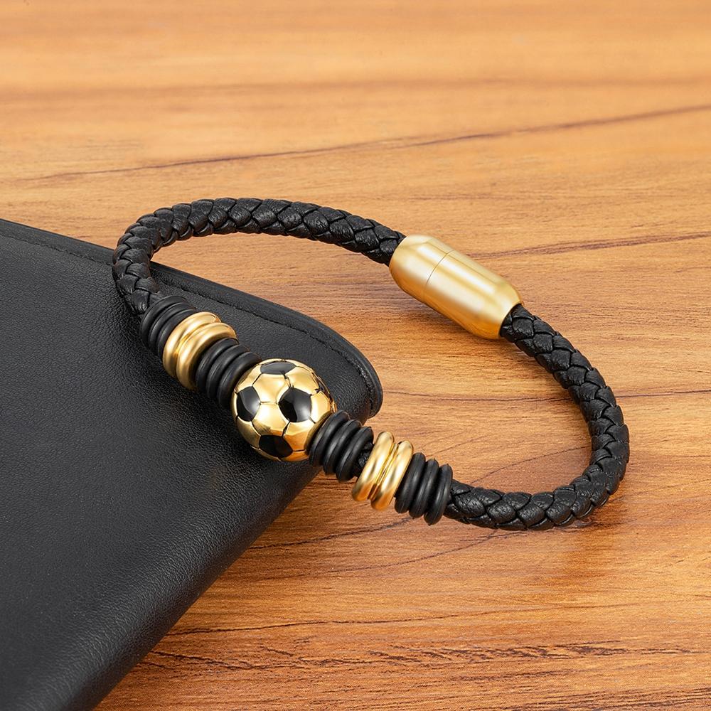 Sports Style Football Design Stainless Steel Button Woven Leather Men's Bracelet World Cup Gift Campus Gym Accessories