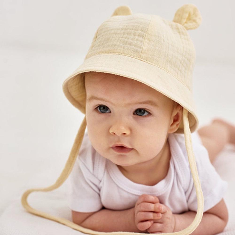 Baby Pure Cotton Bucket Hat with Rabbit Ears - Solid Color Sun Hat for 3-12 Months