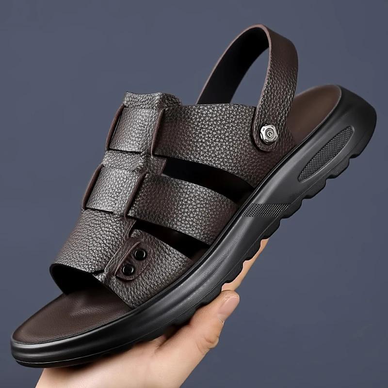 Fashion Mens Commute Genuine Leather Sandals Solid Color Leather Summer Breathable Beach Shoes Casual Comfortable Open Toe Soft Sandals