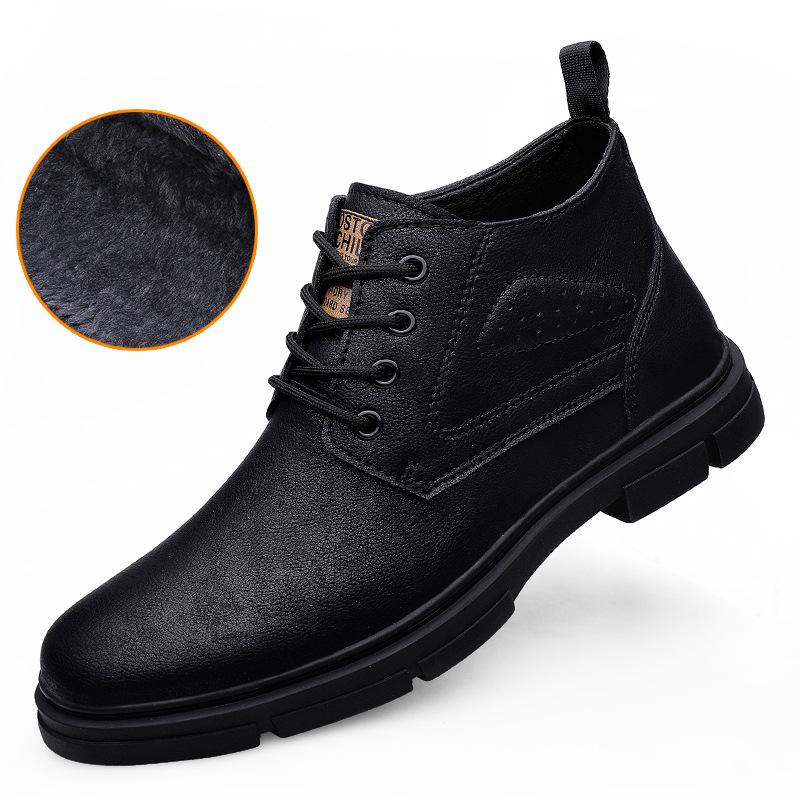 Men's Black Fleece-Lined High-Top Martin Boots - British Style, Plus Size, Autumn/Winter.