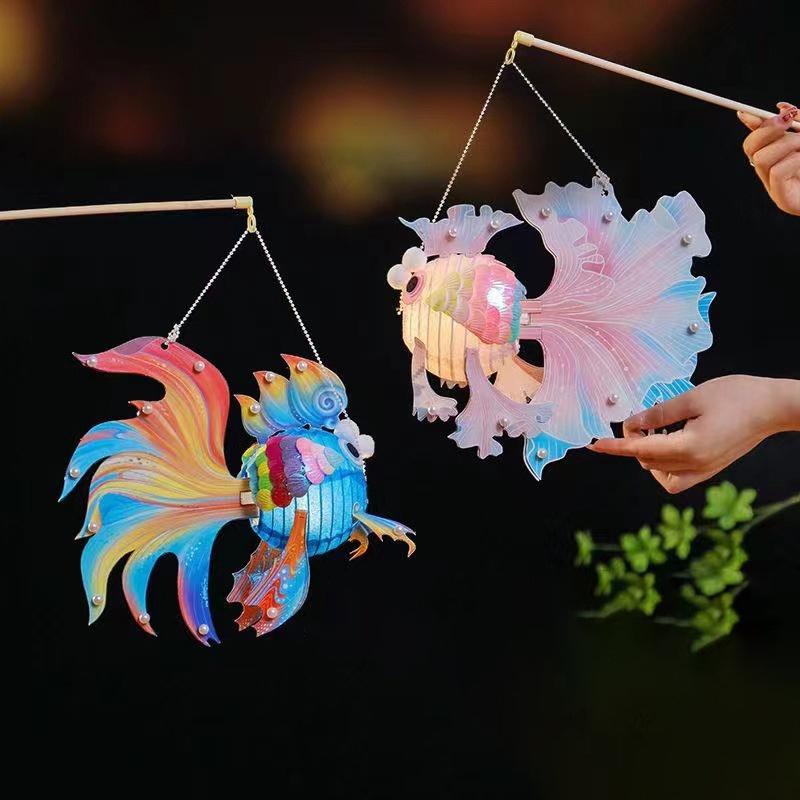 LED Light Chinese Mid-Autumn Festival Lantern Blessings Handmade Fish Glow Handheld Lantern Portable Glowing Carp Fish Lantern